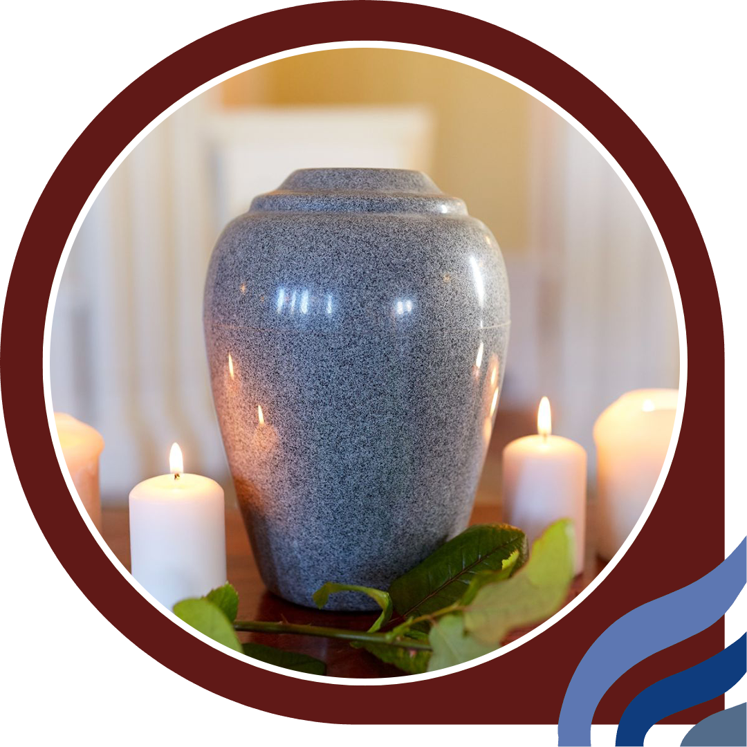 a gray urn on a table surrounded by lit candles a gray urn on a table surrounded by lit candles